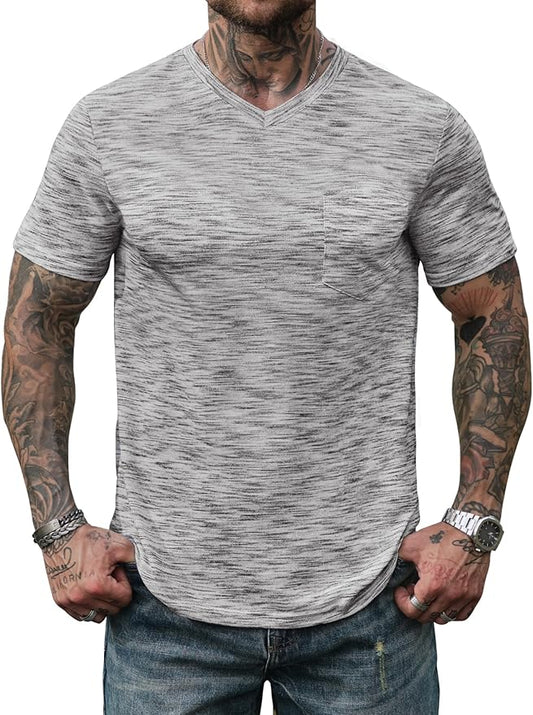 Men's V Neck T Shirts Casual Stylish Fitted Stretch Tee Shirt with Pocket (S-3XL)