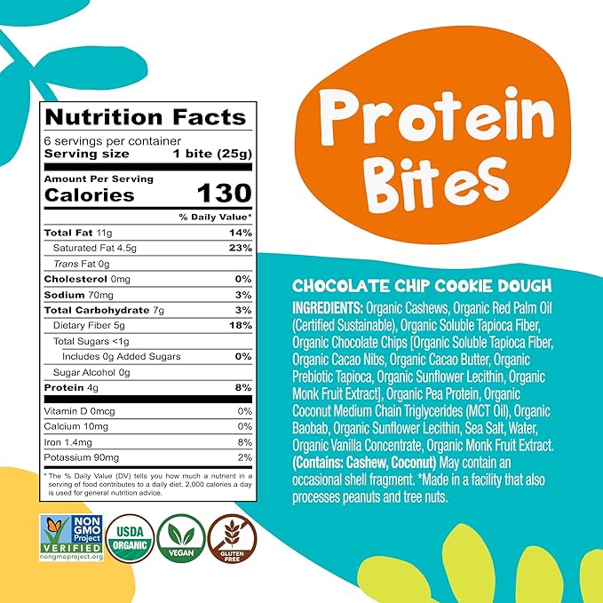 Bhu Foods Keto Bites, Chocolate Chip Cookie Dough, Organic Snacks for Adults & Kids, Gluten Free, Vegan, Low Carb & Sugar, Individually Wrapped (1 Pack)
