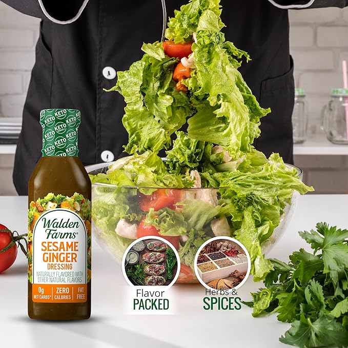 Walden Farms Sesame Ginger Dressing – Calorie-Free, Gluten-Free, Low Carb, Keto-Friendly, Sugar-Free, Fat-Free, Dairy-Free Savory Sesame Ginger Flavor – 12 oz Bottle