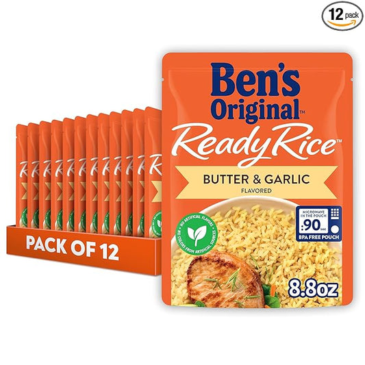 BEN'S ORIGINAL Ready Rice Butter and Garlic Flavored Rice, Easy Dinner Side, 8.8 oz Pouch (Pack of 12)