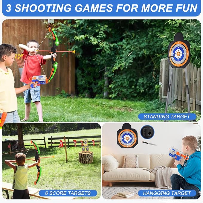 2 Pack Bow and Arrow Toy for Kids 3-8-12, LED Light Up Archery Set with Shooting Game Toy & Standing Target for Boys and Girls Age 5 6 7 8 9 10 11+, Indoor Outdoor Activity Toys for Birthday