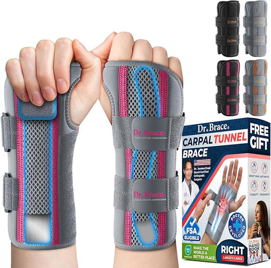 DR. BRACE Adjustable Wrist Brace Night Support for Carpal Tunnel, Doctor Developed, Upgraded with Double Splint & Therapeutic Cushion, Hand Brace For Pain Relief, Injuries, Sprains