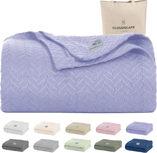 Cloud Scape Linen Herringbone Cotton Throw Blanket for Couch, Bed,Sofa, Home Decor, Soft, Lightweight, All-Season Bed Blanket, 50 x 70, Lavender Blue