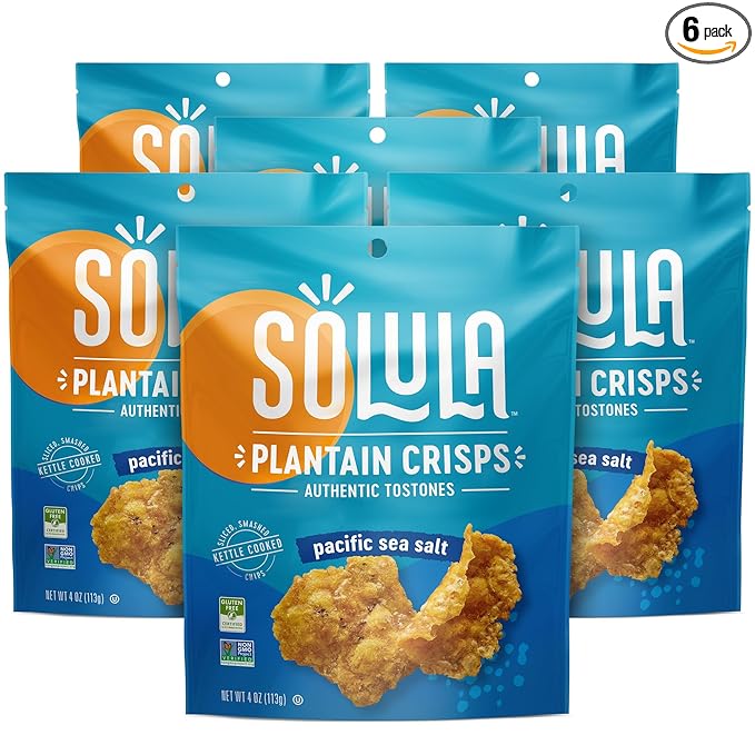 Solula Plantain Crisps Authentic Tostones, Pacific Sea Salt, 4 Ounce (Pack of 6), Kettle Cooked Chips, Gluten Free, Paleo Friendly, Grain Free, Vegan