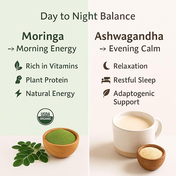 Organic Moringa & Ashwagandha Powder Bundle – 1 lb (454g) Each – USDA Organic Herbal Superfood Adaptogens for Energy, Stress Relief, Focus, Immune Support – Vegan, Non-GMO Supplement for Daily Use