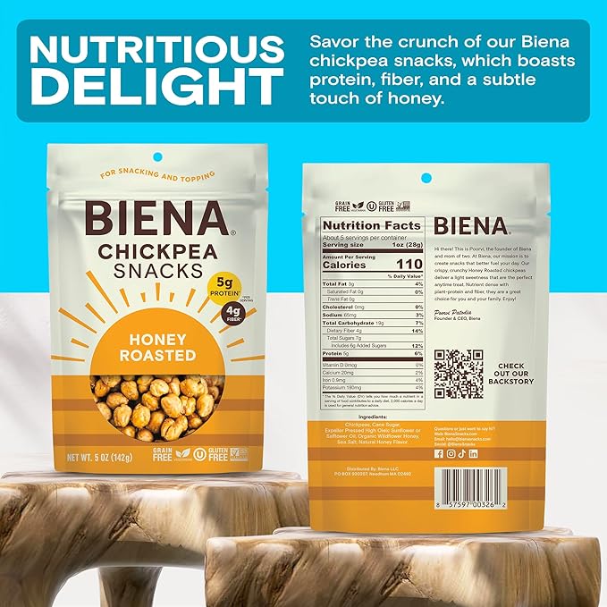 BIENA Chickpea Snacks - Crunchy Roasted Chickpeas - High Fiber Protein Snacks for Adults and Kids - 4-Pack, 5 Ounce Bags - Honey Roasted