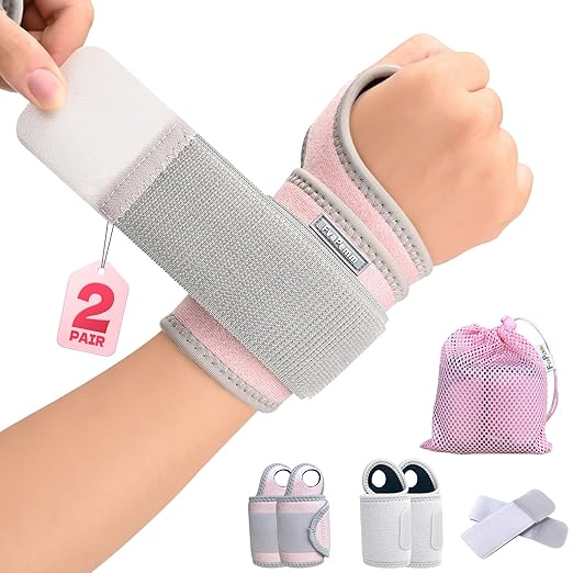 Carpal Tunnel Wrist Brace for Right Left Hand 2 Pairs, Wrist Support Wraps for Women Men, Adjustable Wrist Brace for Tendonitis, Arthritis, Weightlifting, Sports, Day Night Support, Pink&Grey