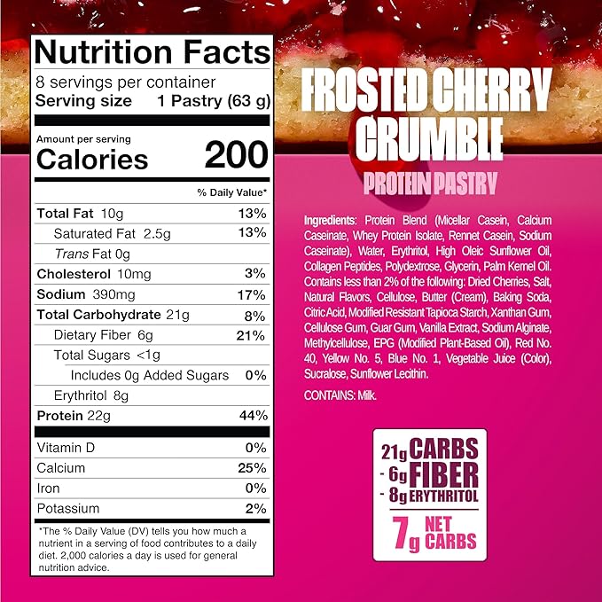Legendary Foods 22g Cherry Protein Pastry - Low Carb Meal Replacement Bar - Low Glycemic, Gluten Free Protien Snacks - Healthy Keto Snack Box 8 Zero Sugar Energy Bars - Bariatric Diabetic Friendly