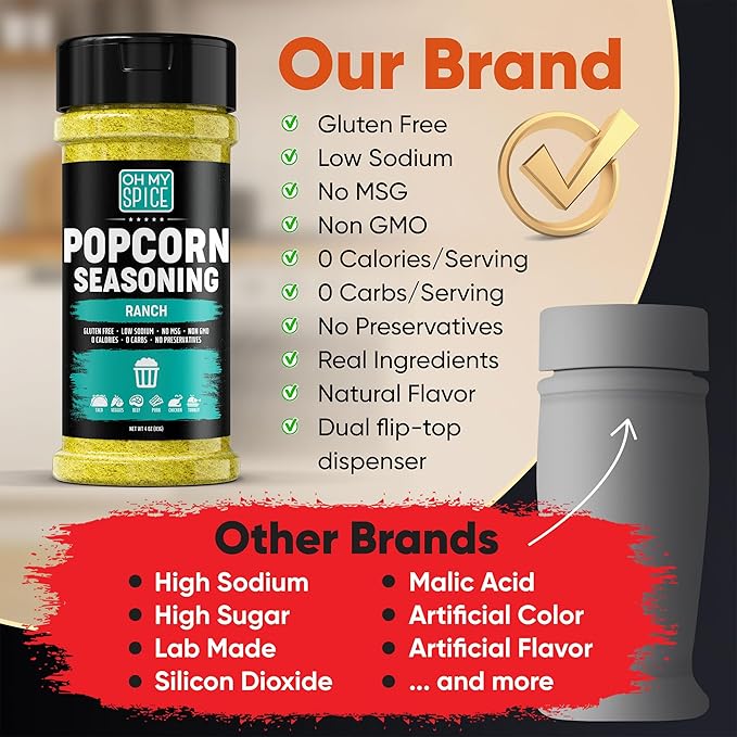 Popcorn Seasoning Ranch Seasoning Powder Mix - Gluten Free & Low Sodium Popcorn Flavoring Seasonings Ranch Powder Flavor. Healthy Movie Theater Dry Pop Corn Toppings. Pop Corn Salt Seasonings. 4oz