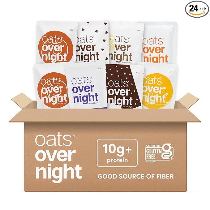 Oats Overnight Vegan Variety Pack - High Protein, High Fiber Breakfast Protein Shake - Gluten Free Oatmeal, Non GMO High Protein Oatmeal - Banana Bread, Blueberry Cobbler & More (24 Pack)