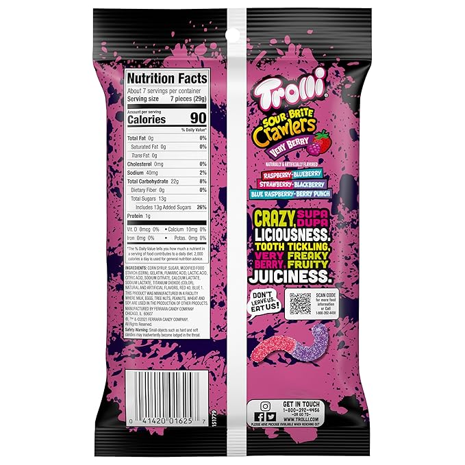 Trolli Sour Brite Crawlers, Candy, Very Berry, Sweet and Sour, Gummy Worms, 7.2 oz