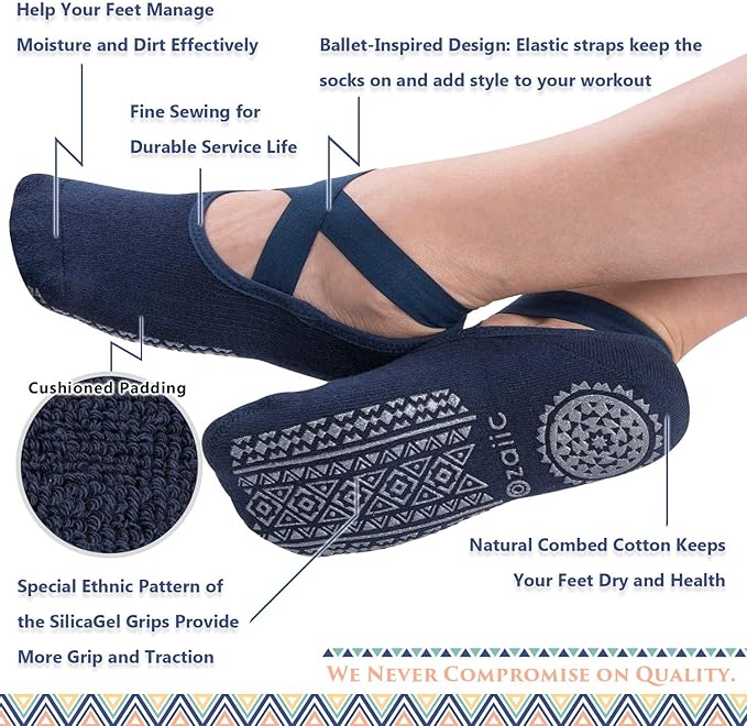 Ozaiic Yoga Socks for Women Non-Slip Grips & Straps, Ideal for Pilates, Pure Barre, Ballet, Dance, Barefoot Workout