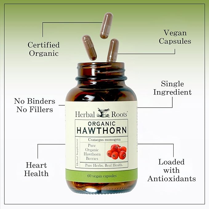 Herbal Roots Organic Hawthorn Berry Capsules | Extra Strength 1,200mg per Serving | 60 Vegan Capsules