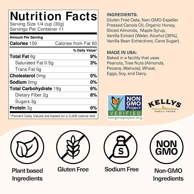 Kelly's Four Plus (Vanilla Almond) Granola Cereal with Whole Grain Oats, Honey, Maple Syrup - Non-GMO, Low Sugar, Sodium Free and Gluten Free Granola for Yogurt - 12oz (Pack of 4)