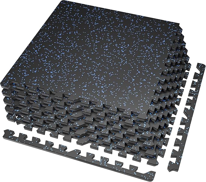 SUPERJARE 0.56'' Thick 6 Pcs 24 Sq Ft Rubber Top Exercise Equipment Mats, High Density EVA Foam Mats with Rubber Top, Interlocking Gym Flooring for Home Gym, Protective Workout Mat, Black/Blue