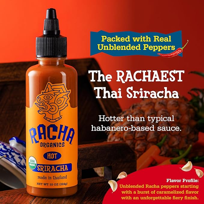 Racha Organics Sriracha Hot Sauce - USDA Organic Sriracha Sauce Made with Estate-Grown Thai Chili Peppers - Low-Sugar, Non-GMO, Gluten Free, Keto Friendly - 10oz - Made in Thailand