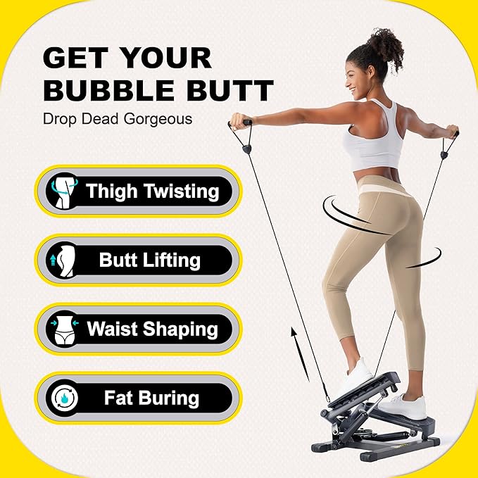 Stepper Machine with Resistance Bands, Mini Stepper with 300LBS Weight Capacity, Twist Stepper for Full Body Workout, Adjustable Step Height, Smooth and Quiet, Step Machine for Men Women