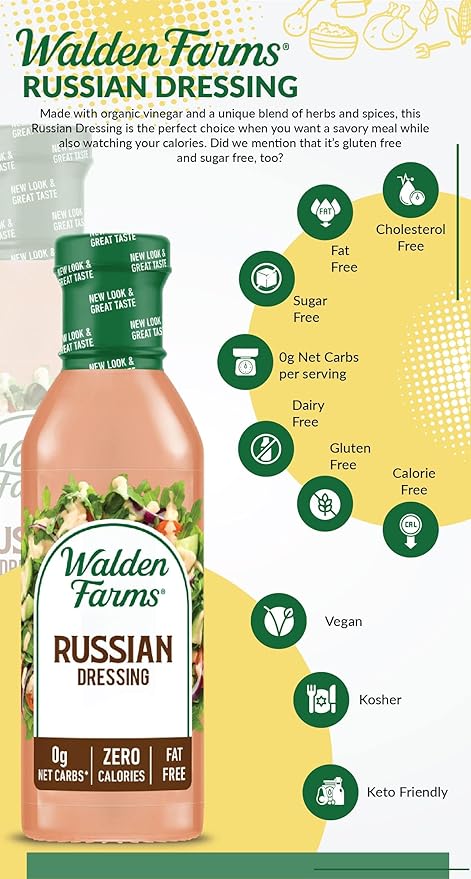 Walden Farms Russian Dressing – Calorie-Free, Gluten-Free, Low Carb, Keto-Friendly, Sugar-Free, Fat-Free, Dairy-Free Sweet & Tangy Russian Flavor – 6-Pack, 12 oz Bottles