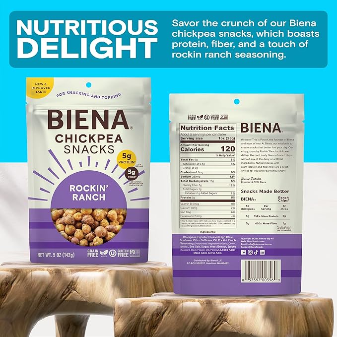 BIENA Chickpea Snacks - Crunchy Roasted Chickpeas - High Fiber Vegan Protein Snacks for Adults and Kids - 8-Pack, 5 Ounce Bags - Rockin’ Ranch
