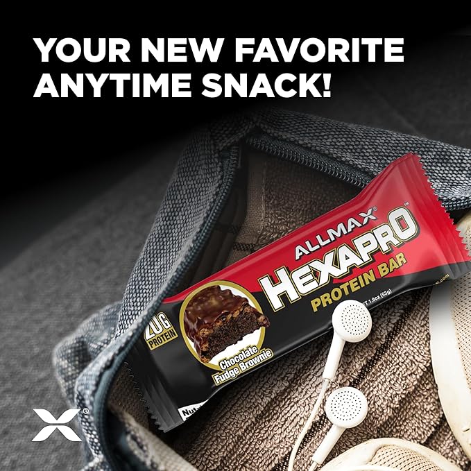ALLMAX HEXAPRO PROTEIN BAR, Chocolate Fudge Brownie - Pack of 12 - High-Protein Energy Snack - 20 g of Protein Per Bar - With Whey Protein Isolate