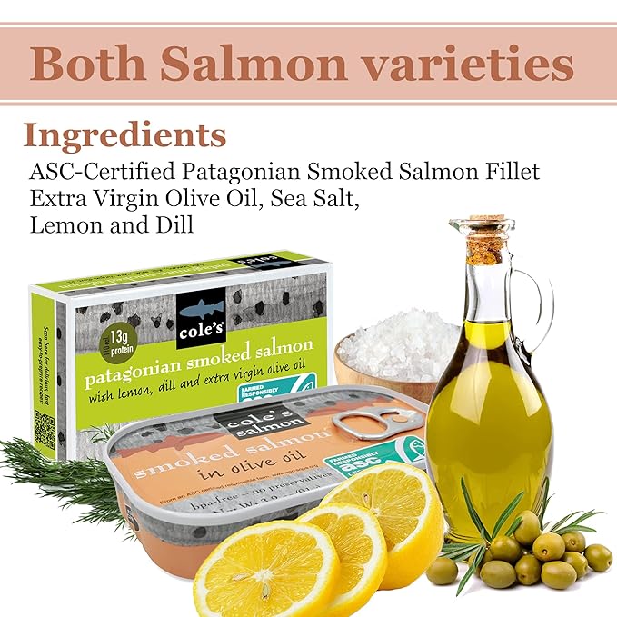 Cole's Patagonian Smoked Salmon & Rainbow Trout Sampler Pack, 3.2oz Cans | Hand-Packed in Extra Virgin Olive Oil & Spices | Canned Salmon & Trout 4 Pack