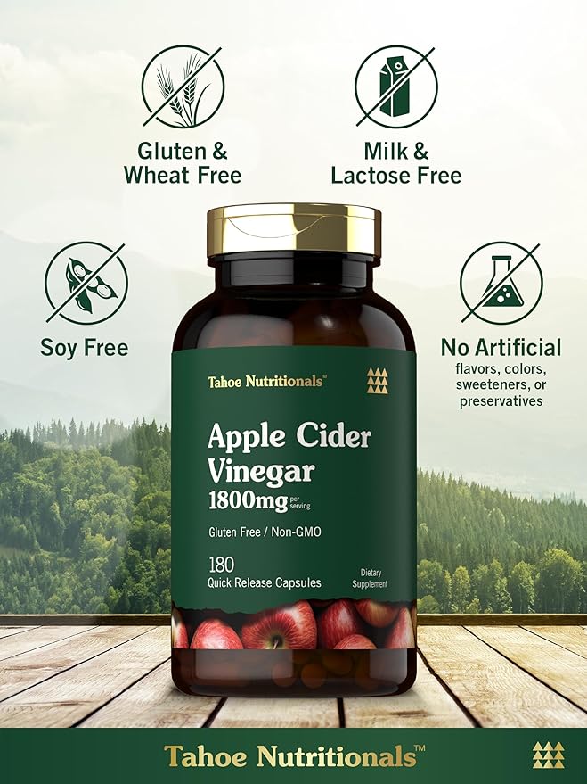 Tahoe Nutritionals Apple Cider Vinegar Capsules | 1800mg | 180 Count | Non-GMO, Gluten-Free Supplement