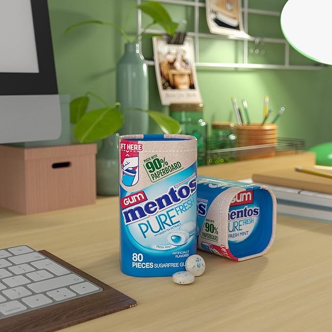 Mentos Pure Fresh Chewing Gum, Sugar-Free, Xylitol, Fresh Mint, 80 Piece Bottle, recyclable 90% Paperboard Bottle, 80 Count (Pack of 4)