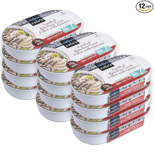 COLE’S - Smoked Rainbow Trout Fillet with Quinoa | Open & Ready to Eat Meal | 5.6 oz Canned & Hand-Packed | 19g Protein | High in Vitamin D | 12 pack