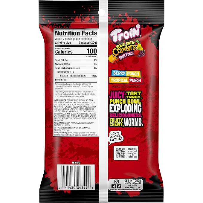 Trolli Sour Brite Crawlers Candy, Fruit Punch Flavored Sour Gummy Worms, 7.2 Ounce (Pack of 5)