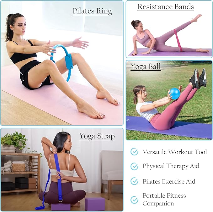 Pilates Ring Set – Magic Circle with Dual Padded Handles, Mini Exercise Ball & 5 Resistance Bands | Pilates Kit for Women | Home Workout Equipment for Full-Body Training & Fitness Set