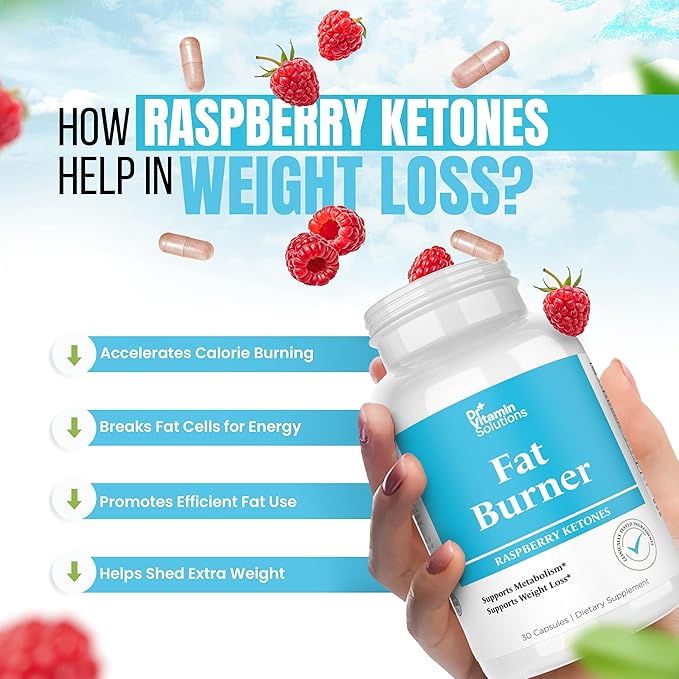 DR VITAMIN SOLUTIONS Fat Burner for Women with GLP-1 Support - Weight Loss Supplements with Raspberry Ketone Powder, Green Tea, Kelp - Natural Weight Loss Pills for Women & Men - 30 Diet Pills