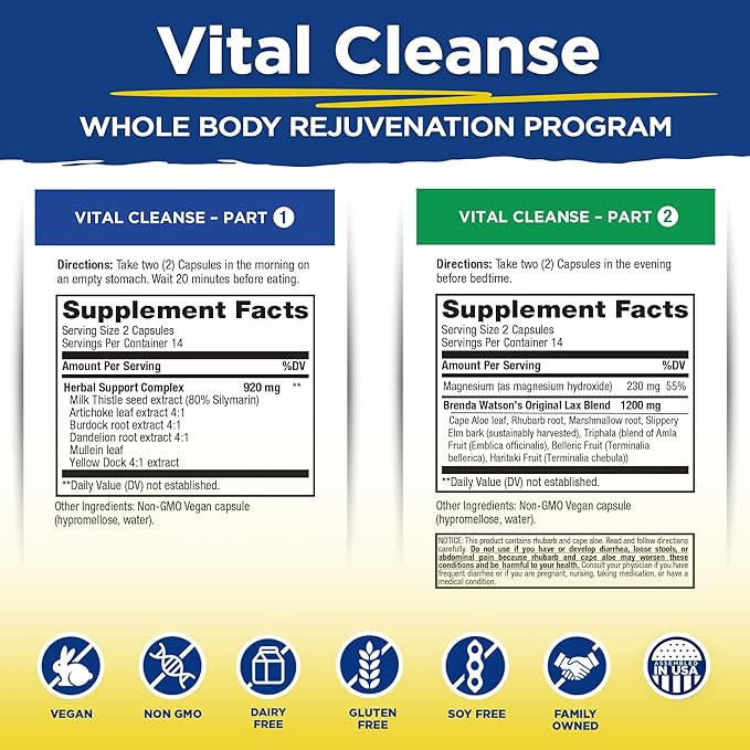 Vital Planet - Vital Cleanse with Milk Thistle, Magnesium, Cape Aloe and Herbs, Natural Supplement for Occasional Constipation and Healthy Elimination, 2-Part - 14 Day Kit, 56 Capsules