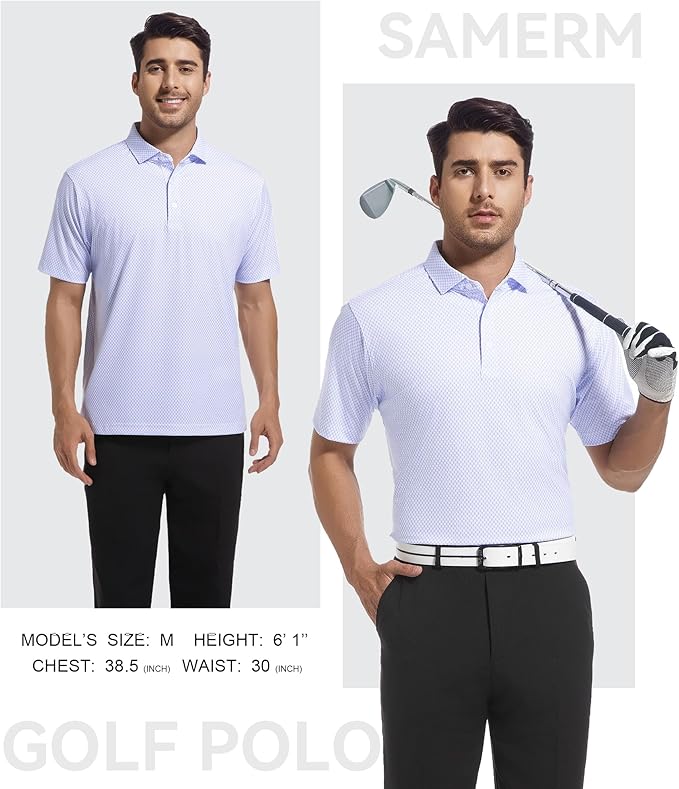 SAMERM Mens Golf Shirts Short Sleeve Dry Fit Performance Moisture Wicking Print Sport Polo Shirts for Men Casual