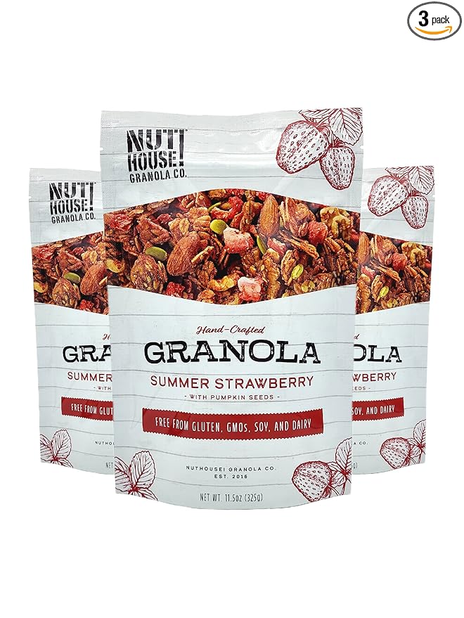 NutHouse! Granola Company - Premium Summer Strawberry Granola | Certified Gluten-Free, Non-GMO, Kosher | Vegan, Soy-Free | 11.5 oz. Bag (3-Pack)