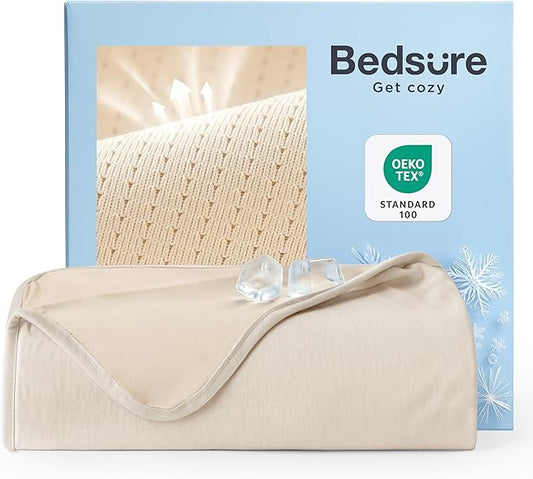Bedsure Summer Cooling Blanket Queen Size for Hot Sleepers with Sports Mesh Design, Arc-Chill Q-Max 0.4 Lightweight Breathable Ice Cold Blanket for Night Sweats, 90 x 90 Inches, Mesh Beige