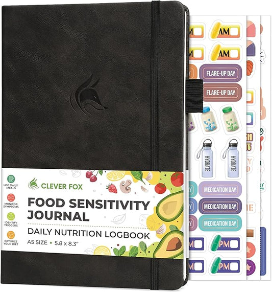 Clever Fox Food Sensitivity Journal – Daily Intolerance & Symptom Log for IBS, Diabetic, Low Fodmap, Elimination Diet – Health Tracker (Black)