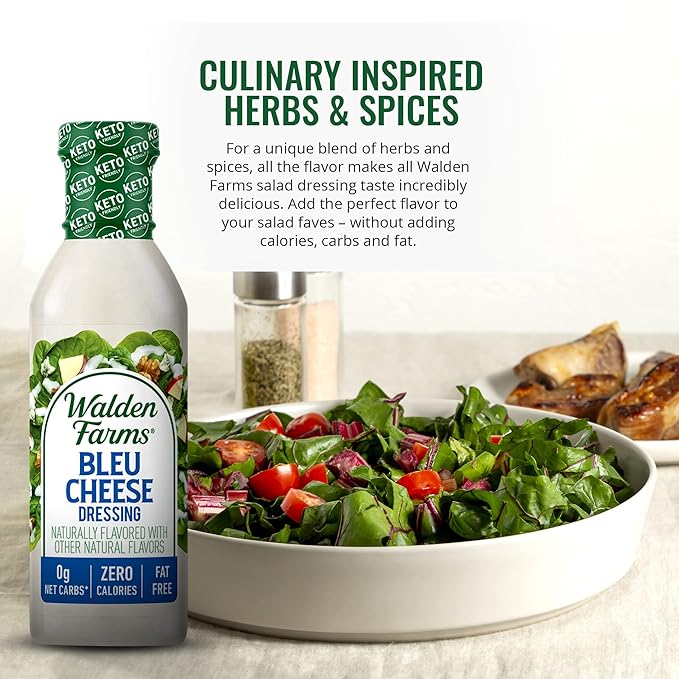 Walden Farms Bleu Cheese Dressing - Calorie-Free, Gluten-Free, Low Carb, Keto-Friendly, Sugar-Free, Rich Bleu Cheese Flavor, (12 oz Bottle x 2)