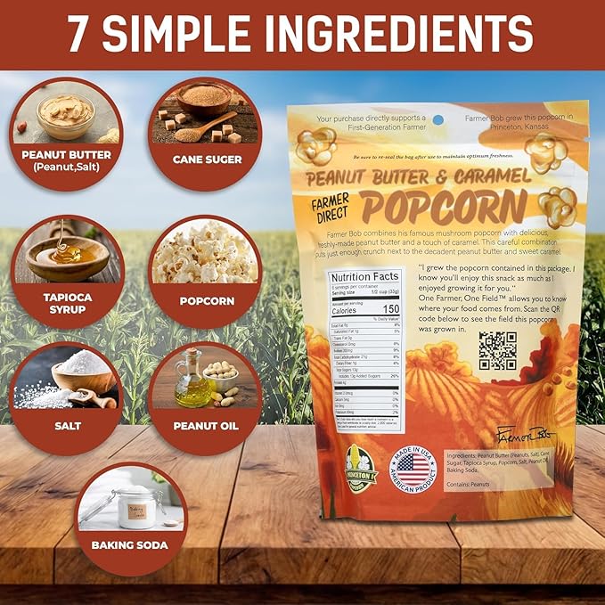 Gourmet Popcorn Bags, Peanut Butter Caramel Corn, Vegan, Gluten Free, Non-GMO, 7 Ingredient, Healthy Resealable Snack, 6oz Bag, Perfect Snacks for Adults, Peanut Butter Pretzels Flavor Farmer Direct - PuffyCrunch by Princeton Popcorn USA Made
