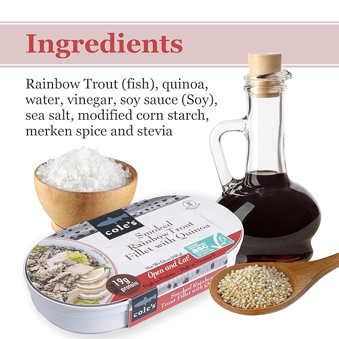 COLE’S - Smoked Rainbow Trout Fillet with Quinoa | Open & Ready to Eat Meal | 5.6 oz Canned & Hand-Packed | 19g Protein | High in Vitamin D | 12 pack