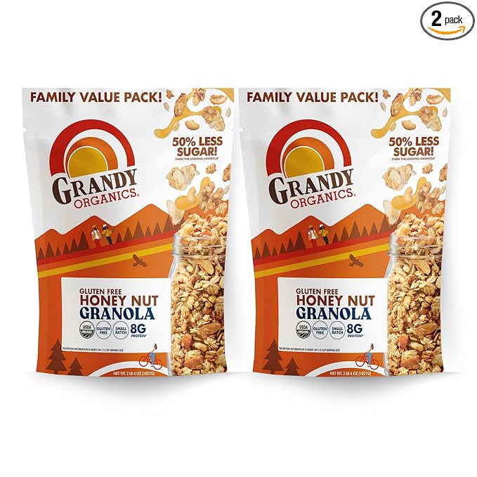 Grandy Organics Honey Nut Gluten Free Granola - Certified Organic, Non-GMO, Lower Sugar, Family Value Size 2 Pound Bags, Bulk Pack of 2