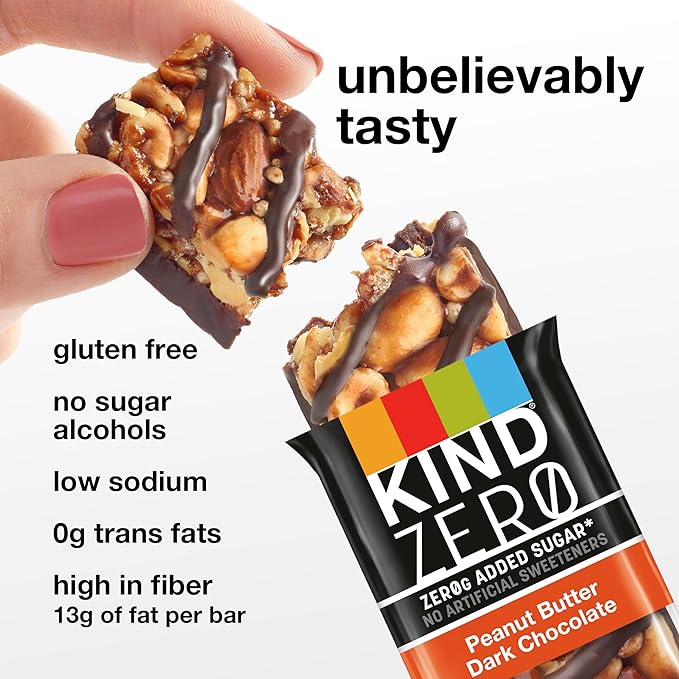 KIND ZERO Added Sugar Bars, Peanut Butter Dark Chocolate, Keto Friendly Snacks, Gluten Free, 5g Protein, 5 Count