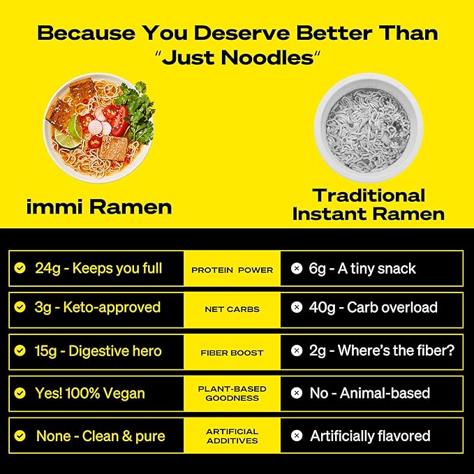 immi Tom Yum "Shrimp" Ramen, 100% Plant Based, Keto Friendly, Low Carb, High Protein, Packaged Noodle Meal Kit, Ready to Eat, 6 Pack