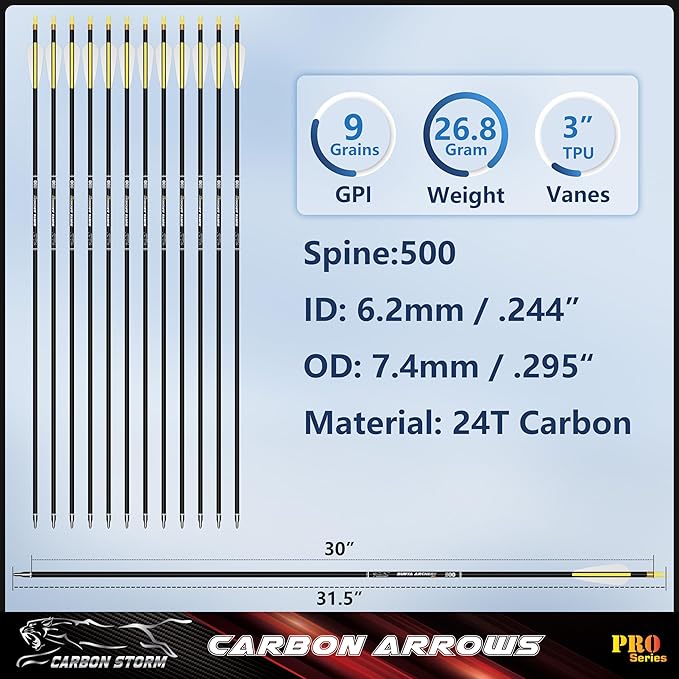 SUNYA 12-Pack 30 Inch Carbon Arrows Spine 500 or 400 for 40-60 LBS Bows｜Switch to Recurve/Compound Modes, Anti-Loose O-Ring & TPU Vanes for Hunting/Target Practice
