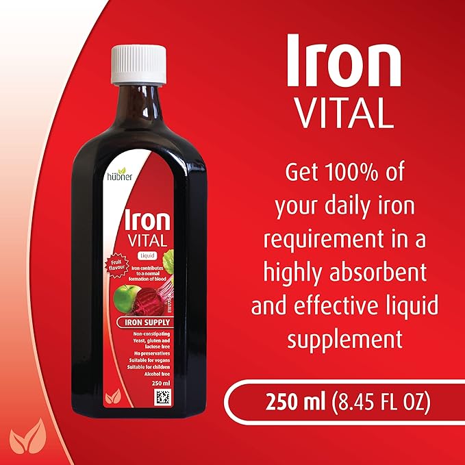 Iron Vital Liquid Iron Supply Plus Vitamin C, Dietary Supplement for Adults and Kids, Vegan and Gluten-Free, Fruit Flavor, 250 ml Bottle, 25 Servings