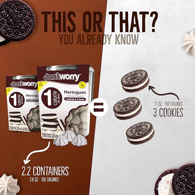 Don't Worry Low Calorie Meringue Cookies - 6 Pack - Strawberry, Vanilla and Cookies&Cream, Just 1 Calorie per Piece | Low Sugar Candy, Gluten Free | Keto Cookies and Healthy Snacks for Adults