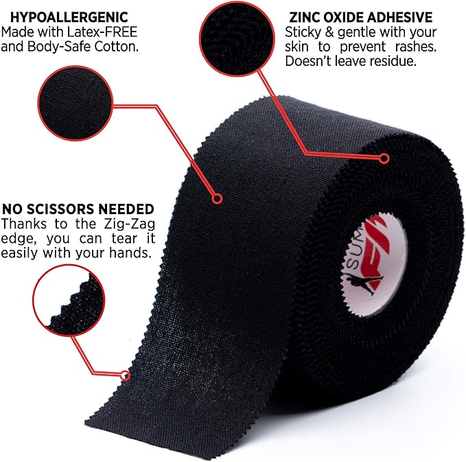 Black Athletic Tape Extremely Strong: 3 Rolls + 1 Finger Roll. Easy to Apply & No Residue. Sports Tape Athletic for Boxing Football Climbing or Gymnastics for Wrist Ankle & Hand Protection