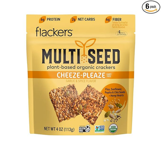 Flackers Organic Cheeze-Pleaze Multi-Seed Crackers, 4 Ounce 6-Pack, Gluten Free, Non GMO, Vegan, Keto Snack, 6g protein, 6g Fiber, 2g Net Carbs