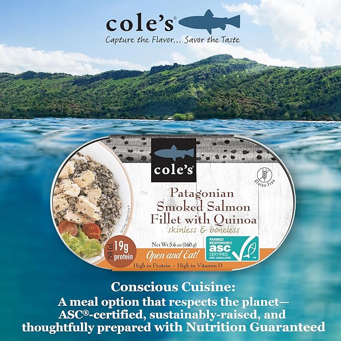 COLE’S - Patagonian Smoked Salmon Fillet with Quinoa| Ready to Eat Meal | 5.6 oz Hand-Packed Canned Fish | 19g Protein | High in Vitamin D | 1 Unit