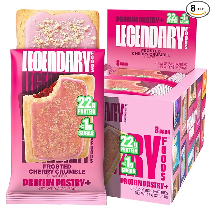 Legendary Foods 22g Cherry Protein Pastry - Low Carb Meal Replacement Bar - Low Glycemic, Gluten Free Protien Snacks - Healthy Keto Snack Box 8 Zero Sugar Energy Bars - Bariatric Diabetic Friendly