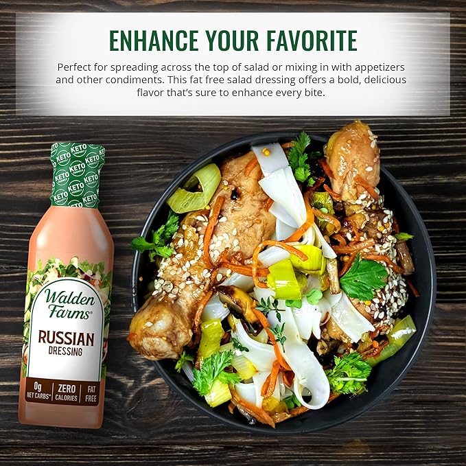 Walden Farms Russian Dressing – Calorie-Free, Gluten-Free, Low Carb, Keto-Friendly, Sugar-Free, Fat-Free, Dairy-Free Sweet & Tangy Russian Flavor – 6-Pack, 12 oz Bottles
